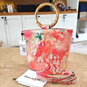 Brahmin Pink Tote with Wooden Handles and Adjustable Strap